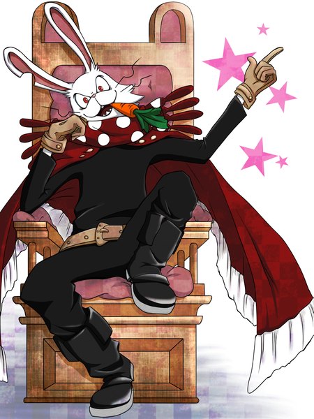 Anime picture 3394x4523 with oumagadoki zoo (manga) hitomi228 (pixiv) single tall image highres red eyes sitting absurdres bunny ears polka dot head rest boy boots belt scarf star (symbol) cloak vegetables bunny throne