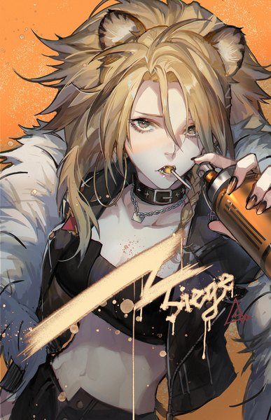 Anime picture 1500x2326 with arknights siege (arknights) spade-m single long hair tall image looking at viewer fringe breasts open mouth simple background blonde hair hair between eyes standing holding animal ears yellow eyes nail polish fingernails open jacket