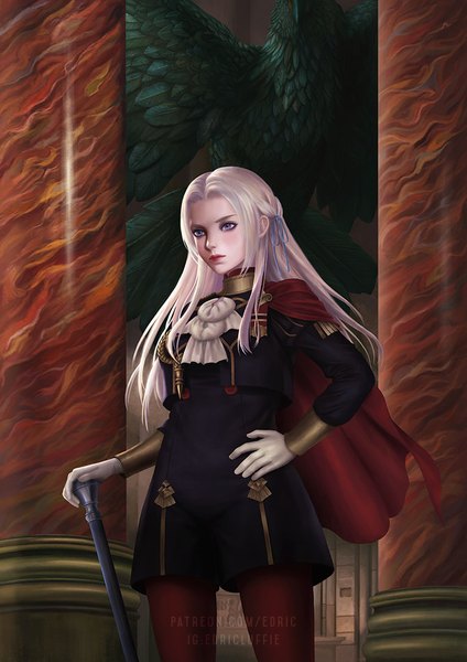 Anime-Bild 764x1080 mit fire emblem fire emblem: three houses nintendo edelgard von hresvelg luffie single long hair tall image blush standing purple eyes signed payot looking away silver hair indoors wind lips realistic hand on hip
