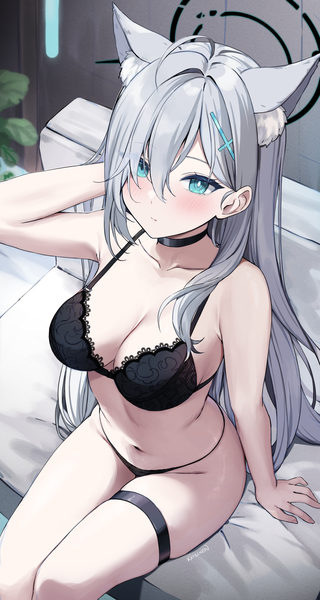 Anime picture 2888x5417 with blue archive shiroko (blue archive) shiroko terror (blue archive) kaetzchen single long hair tall image blush fringe highres breasts blue eyes light erotic large breasts sitting animal ears cleavage silver hair ahoge indoors