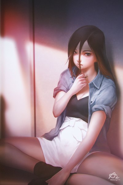 Anime picture 667x1000 with original webang111 single long hair tall image looking at viewer brown hair sitting brown eyes signed cleavage bent knee (knees) lips no shoes watermark adjusting hair shaded face front-tie top twisty sleeves against wall