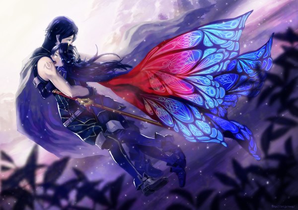 Anime picture 1200x848 with fire emblem fire emblem awakening lucina (fire emblem) chrom (fire emblem) single long hair open mouth blue eyes blue hair tears crying sad insect wings butterfly wings girl boy weapon sword armor cape
