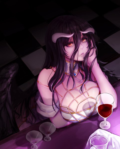 Anime picture 1200x1494 with overlord (maruyama) madhouse albedo (overlord) kibellin single long hair tall image looking at viewer fringe breasts light erotic black hair hair between eyes large breasts holding yellow eyes cleavage horn (horns) from above shadow