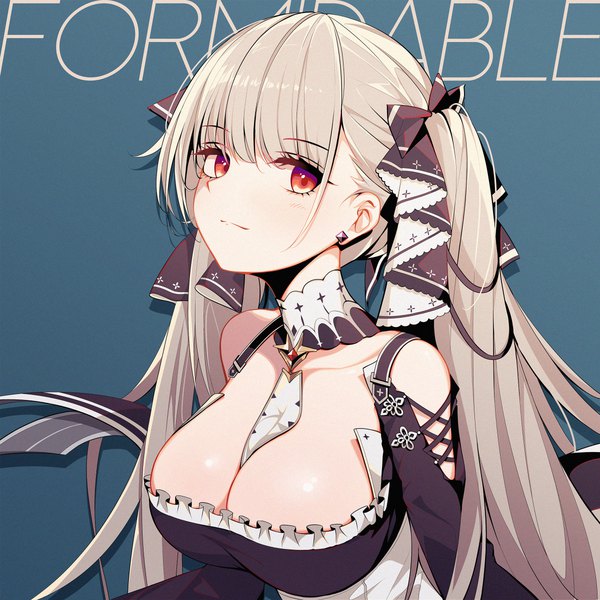 Anime picture 2400x2400 with azur lane formidable (azur lane) rabe26k single long hair looking at viewer fringe highres breasts light erotic simple background red eyes large breasts twintails payot cleavage upper body grey hair character names blue background