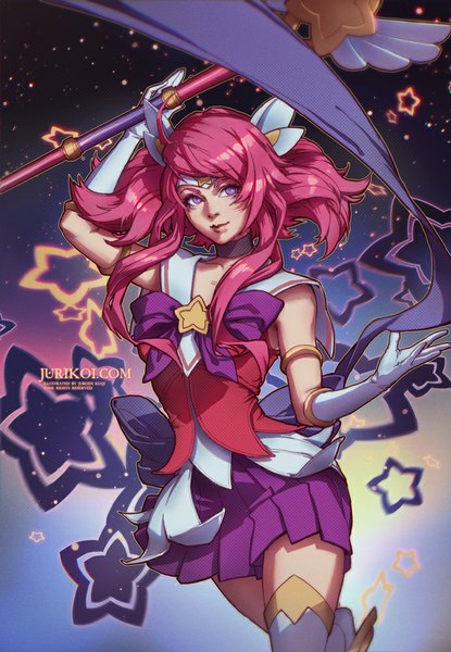 Anime picture 692x1000 with league of legends lux (league of legends) star guardian lux jurikoi single long hair tall image looking at viewer fringe purple eyes pink hair girl skirt gloves bow white gloves suit large bow wand