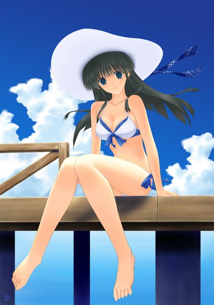 Anime picture 800x1138 with comic party hasebe aya zenzen long hair tall image looking at viewer blue eyes black hair sky cloud (clouds) barefoot legs girl swimsuit hat bikini