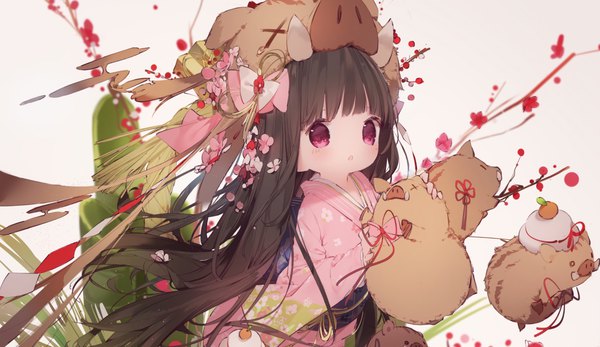 Anime picture 1845x1070 with original mabuta (byc0yqf4mabye5z) single long hair looking at viewer blush fringe highres open mouth black hair wide image white background purple eyes blunt bangs traditional clothes japanese clothes pink eyes :o loli new year