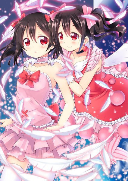 Anime picture 958x1351 with love live! school idol project sunrise (studio) love live! yazawa nico kurou (quadruple zero) long hair tall image blush black hair smile red eyes twintails bare shoulders multiple girls angel wings white wings dual persona girl thighhighs dress
