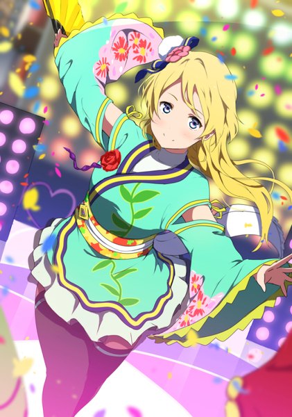 Anime picture 600x855 with love live! school idol project sunrise (studio) love live! ayase eli icehotmilktea single long hair tall image looking at viewer blue eyes blonde hair hair flower arm up wide sleeves floral print girl flower (flowers) wings obi confetti