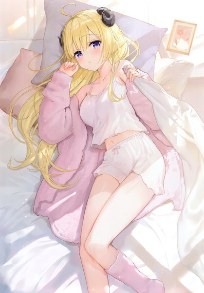 Anime picture 2419x3463 with virtual youtuber hololive tsunomaki watame fuumi (radial engine) single long hair tall image looking at viewer blush fringe highres open mouth blonde hair purple eyes bare shoulders ahoge bent knee (knees) indoors lying long sleeves