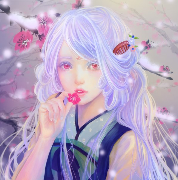Anime picture 1640x1653 with original sunmomo single long hair tall image looking at viewer red eyes purple hair lips realistic lipstick snowing winter snow makeup albino girl flower (flowers)