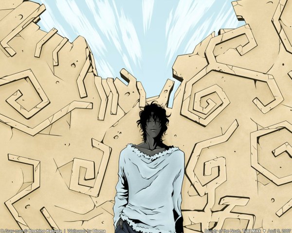Anime picture 1280x1024 with d.gray-man tyki mikk hoshino katsura dioma single short hair black hair signed sky eyes closed mole copyright name character names mole under eye dated hand in pocket third-party edit against wall orange background black skin