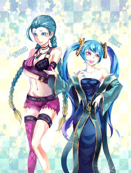 Anime picture 1732x2283 with league of legends sona buvelle jinx (league of legends) hyoseiml long hair tall image blush highres blue eyes smile twintails bare shoulders multiple girls blue hair pink eyes girl thighhighs gloves navel 2 girls
