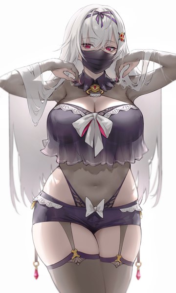 Anime-Bild 720x1200 mit original haoni single long hair tall image looking at viewer fringe breasts light erotic simple background hair between eyes red eyes large breasts standing white background payot cleavage silver hair mole arms up