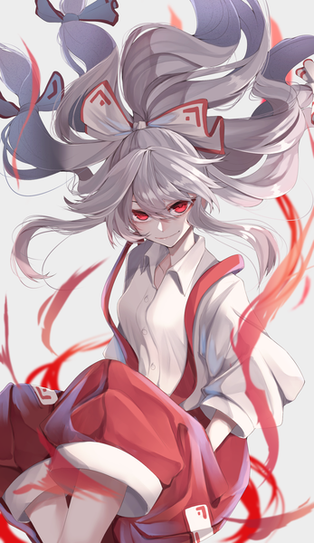 Anime picture 1447x2500 with touhou fujiwara no mokou tsune (tune) single long hair tall image looking at viewer fringe simple background smile hair between eyes red eyes white background sitting payot silver hair ponytail wind strap slip smirk