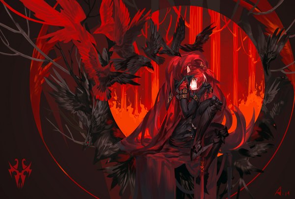 Anime picture 1914x1296 with original pixiv fantasia pixiv fantasia fallen kings alcd single looking at viewer highres sitting signed ponytail red hair very long hair pointy ears orange eyes logo girl dress gloves hair ornament black gloves