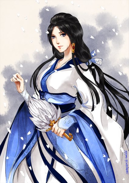 Anime picture 955x1350 with magi the labyrinth of magic a-1 pictures ren hakuei starrequiem single long hair tall image looking at viewer breasts black hair simple background large breasts standing holding signed payot traditional clothes japanese clothes grey background mole