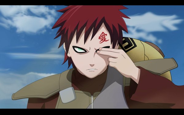 Anime picture 1130x707 with naruto studio pierrot naruto (series) gaara single looking at viewer short hair wide image green eyes cloud (clouds) red hair hand on face jinchuriki boy cloak