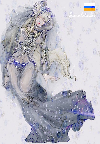 Anime picture 1000x1435 with axis powers hetalia studio deen russia (hetalia) wu ma zhi single long hair tall image looking at viewer light erotic blonde hair simple background nipples grey eyes alternate costume dancing girl dress choker cape jewelry