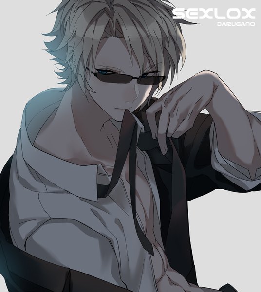 Anime picture 2732x3056 with original yukishima bema single tall image fringe highres short hair blue eyes simple background blonde hair holding looking away upper body off shoulder grey background open shirt text mouth hold muscle abs