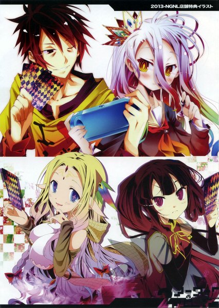 Anime picture 1200x1690 with no game no life madhouse shiro (no game no life) sora (no game no life) feel nilvalen chlammy zell kamiya yuu long hair tall image blush fringe breasts open mouth blue eyes black hair blonde hair hair between eyes holding one eye closed multicolored hair