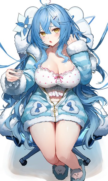 Anime picture 1447x2414 with virtual youtuber hololive yukihana lamy yukihana lamy (4th costume) yuuuuu single long hair tall image looking at viewer fringe breasts light erotic hair between eyes large breasts white background sitting yellow eyes blue hair cleavage full body