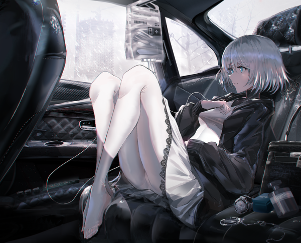 Anime picture 2033x1645 with original swav single fringe highres short hair breasts blue eyes light erotic hair between eyes looking away silver hair full body bent knee (knees) open jacket no shoes snowing reclining bare tree car interior