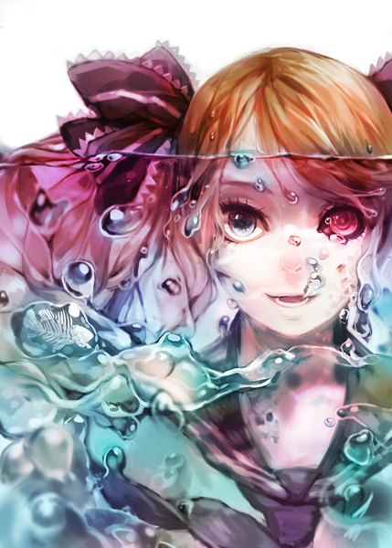Anime picture 746x1042 with vocaloid bacterial contamination (vocaloid) hatsune miku bottle miku calcium tagme (artist) single long hair tall image looking at viewer fringe smile brown hair twintails underwater skeleton liquid hair girl uniform bow
