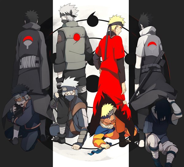 Anime picture 1100x1000 with naruto studio pierrot naruto (series) uzumaki naruto uchiha sasuke hatake kakashi uchiha obito oba-min short hair open mouth black hair blonde hair standing sitting holding silver hair from behind multiple boys back facial mark