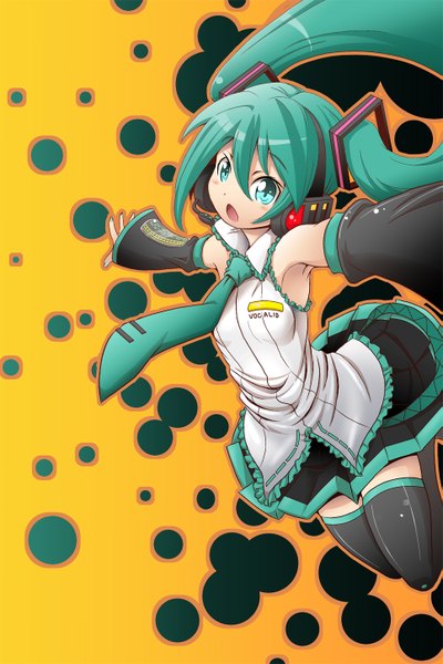Anime picture 965x1446 with vocaloid hatsune miku mana12 single long hair tall image blush open mouth blue eyes twintails pleated skirt green hair spread arms jumping girl thighhighs skirt black thighhighs detached sleeves necktie