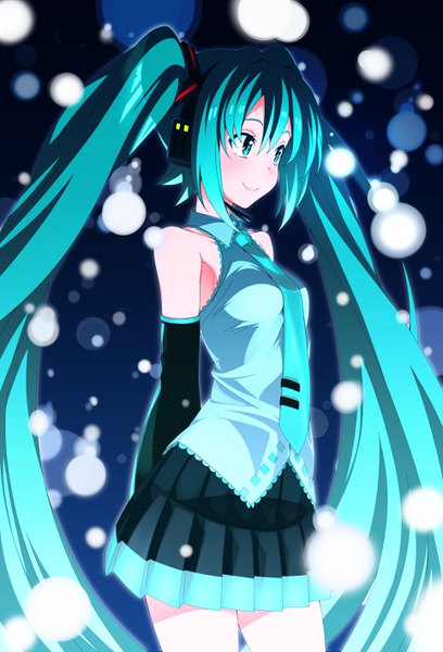 イラスト 1928x2836 と ボーカロイド 初音ミク ルイス ソロ 長身像 赤面 前髪 highres simple background 笑顔 hair between eyes ツインテール 肩出し payot looking away very long hair pleated skirt aqua eyes aqua hair wide sleeves