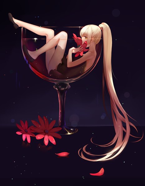 Anime picture 980x1262 with xiao jing single tall image looking at viewer fringe blonde hair bare shoulders yellow eyes bent knee (knees) ponytail lying very long hair on back legs sleeveless crossed arms bare back leg lift (legs lift) minigirl sniffing
