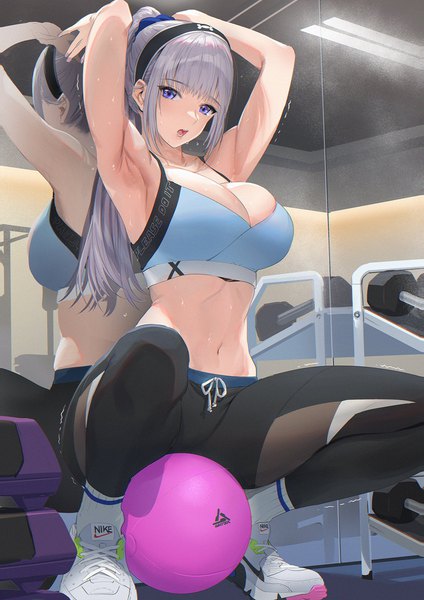 Anime picture 1131x1600 with original nike mhk (mechamania) single long hair tall image looking at viewer fringe breasts open mouth light erotic large breasts purple eyes payot cleavage silver hair ponytail blunt bangs arms up armpit (armpits)