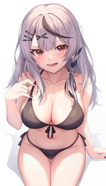Anime picture 2331x4093 with virtual youtuber hololive sakamata chloe aoi zerii single long hair tall image looking at viewer blush fringe highres breasts open mouth light erotic simple background smile large breasts white background sitting brown eyes