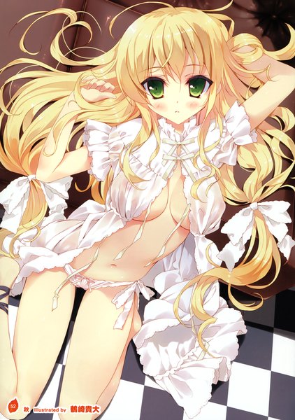 Anime picture 2532x3600 with girls, girls, girls! 10 (artbook) tsurusaki takahiro single long hair tall image looking at viewer highres breasts light erotic blonde hair green eyes scan official art wavy hair girl dress navel underwear panties bow