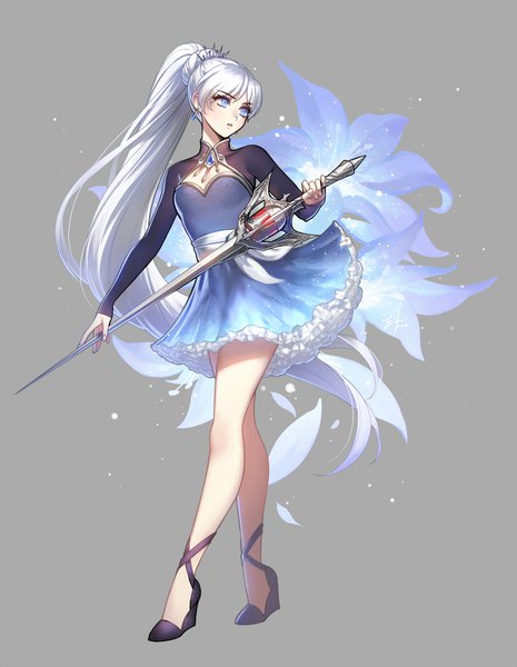 Anime-Bild 690x889 mit rwby rooster teeth weiss schnee ein lee (einlee) single long hair tall image breasts blue eyes looking away full body white hair long sleeves very long hair parted lips official art high heels legs cleavage cutout girl