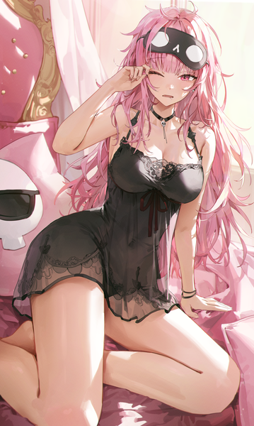 Anime picture 2000x3343 with virtual youtuber hololive hololive english mori calliope mori calliope (6th costume) kellymonica02 single long hair tall image looking at viewer blush fringe highres breasts open mouth light erotic large breasts sitting pink hair cleavage