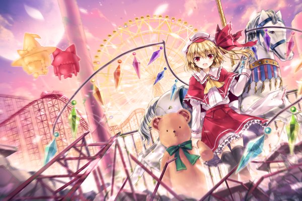 Anime picture 1280x854 with touhou flandre scarlet 6u (eternal land) single short hair blonde hair red eyes sky cloud (clouds) girl thighhighs skirt black thighhighs hat wings moon bonnet teddy bear balloon horse