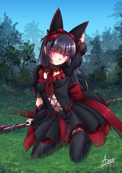 Anime picture 1240x1754 with gate - jieitai ka no chi nite kaku tatakaeri a-1 pictures rory mercury adsouto single long hair tall image looking at viewer blush fringe breasts black hair smile red eyes sitting holding signed sky full body outdoors