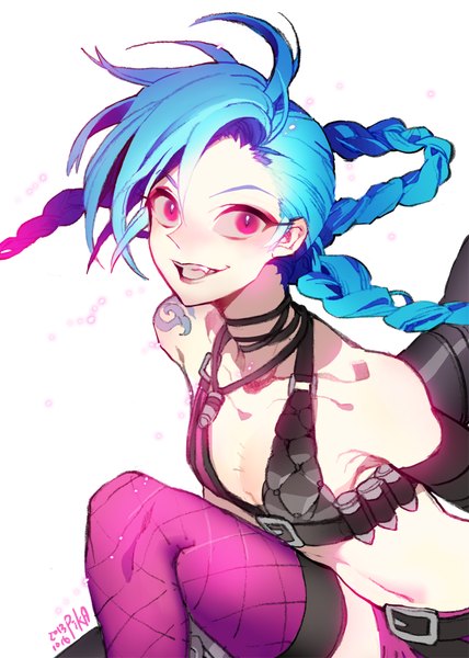 Anime picture 700x980 with league of legends jinx (league of legends) pika (kai9464) single long hair tall image looking at viewer breasts simple background smile white background signed blue hair braid (braids) pink eyes tattoo twin braids flat chest girl thighhighs