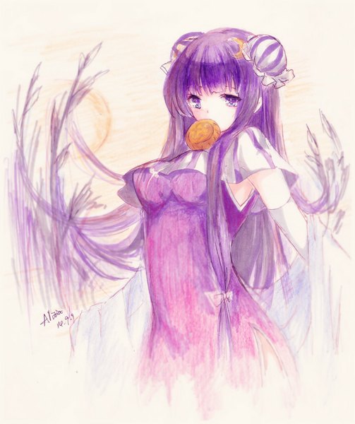Anime picture 850x1014 with touhou patchouli knowledge alitia single long hair tall image blush fringe breasts purple eyes holding signed looking away purple hair mouth hold traditional media acrylic paint (medium) girl bow hair bow
