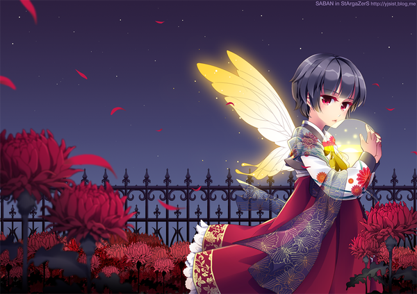 Anime picture 1000x707 with original saban single short hair black hair red eyes insect wings butterfly wings girl dress flower (flowers) petals