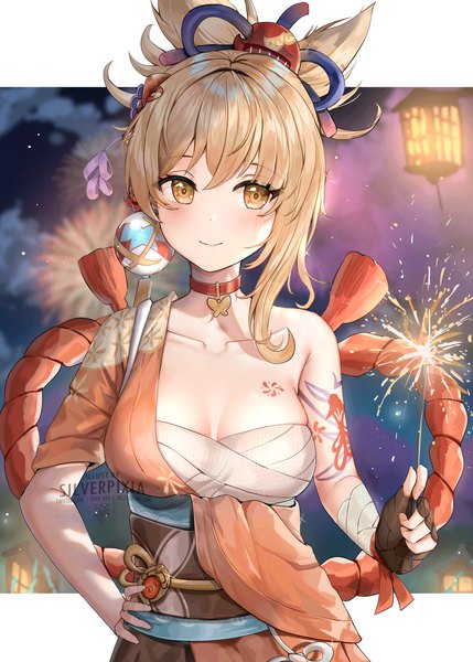 Anime picture 2143x3000 with genshin impact yoimiya (genshin impact) silverpixia single tall image looking at viewer blush fringe highres short hair breasts light erotic blonde hair smile hair between eyes large breasts bare shoulders yellow eyes traditional clothes night