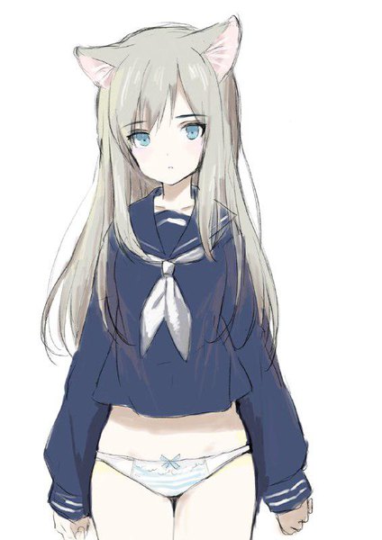 Anime picture 566x800 with original hashimoto mari single long hair tall image looking at viewer blush blue eyes light erotic simple background white background animal ears parted lips grey hair cat ears cat girl sketch girl uniform underwear