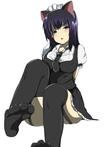 Anime picture 1900x2500 with tagme (character) slept (re mix) single tall image blush highres open mouth blue eyes light erotic black hair sitting animal ears absurdres cat ears maid puffy sleeves plaid skirt hands behind back bondage pov feet