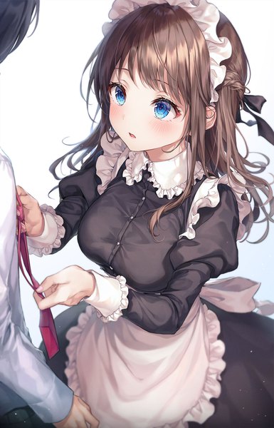 Anime picture 1300x2026 with original r o ha long hair tall image blush blue eyes black hair brown hair holding maid looking up solo focus half updo frilled dress head out of frame adjusting necktie girl dress boy uniform