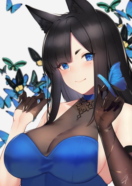 Anime picture 1042x1461 with original hayabusa single long hair tall image looking at viewer blush fringe breasts blue eyes light erotic black hair simple background smile large breasts bare shoulders animal ears upper body grey background mole