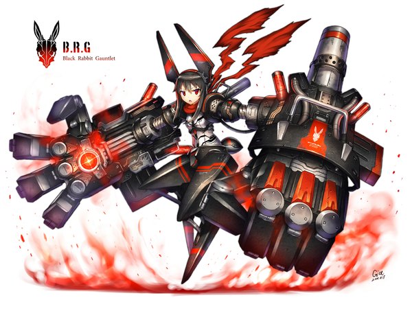 Anime picture 2000x1520 with original gia single long hair blush highres open mouth black hair red eyes white background signed looking away wind inscription spread arms flying mechanical mecha musume mechanical arms girl