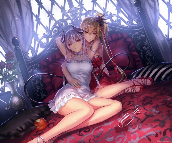 Anime picture 1800x1500 with shinma x keishou! ragnabreak anbe yoshirou long hair looking at viewer fringe highres short hair breasts light erotic smile hair between eyes sitting bare shoulders multiple girls payot silver hair bent knee (knees) indoors tail parted lips