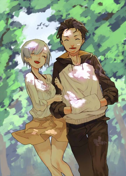 Anime picture 575x800 with re:zero kara hajimeru isekai seikatsu white fox rem (re:zero) natsuki subaru kusa (adrian1119) tall image fringe short hair breasts open mouth black hair smile blue hair sky bent knee (knees) outdoors eyes closed :d pleated skirt sunlight